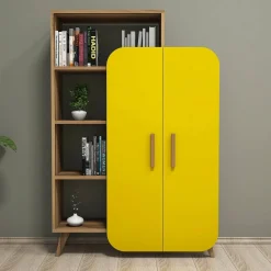Libreria 5 ripiani noce e gialla 90x132h cm - Agni