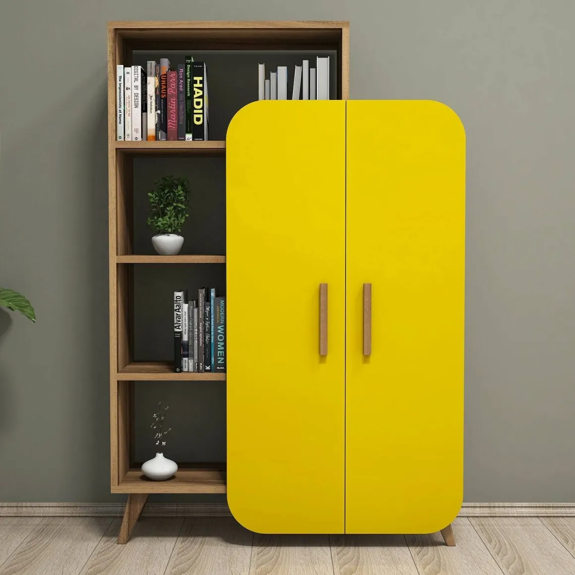Libreria 5 ripiani noce e gialla 90x132h cm - Agni