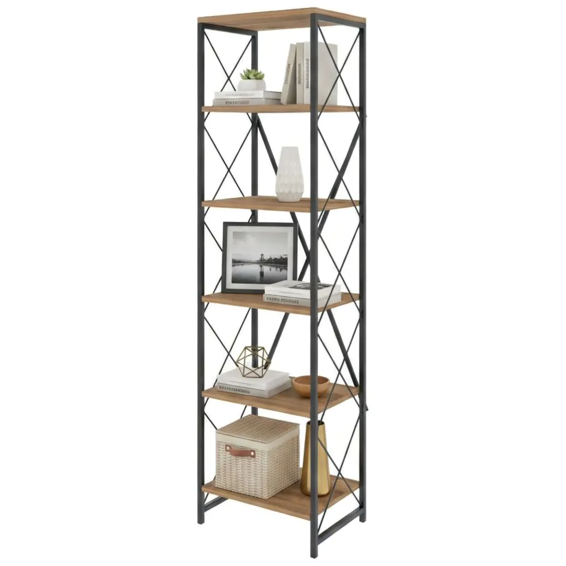 Libreria 5 ripiani quercia e nera 50x180h cm - Yara