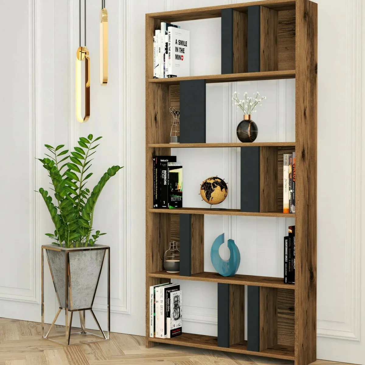 Librerie|Ufficio > Dmora Libreria salvaspazio noce e antracite 90x180h cm - Scapolita Nero Antracite, Marrone Noce