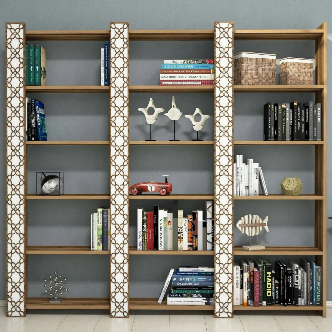 Librerie|Ufficio > Dmora Libreria salvaspazio noce e bianca 64x170h cm - Vele Bianco, Marrone Noce