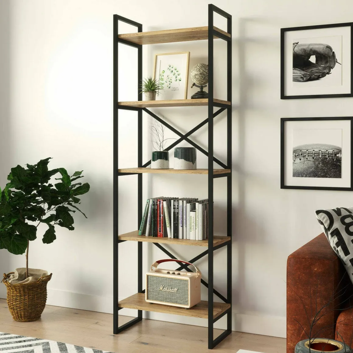 Librerie|Ufficio > Dmora Libreria salvaspazio quercia e nera 60x180h cm - Demetria Nero, Marrone Quercia