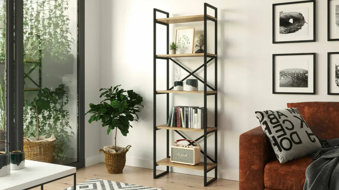 Librerie|Ufficio > Dmora Libreria salvaspazio quercia e nera 60x180h cm - Demetria Nero, Marrone Quercia