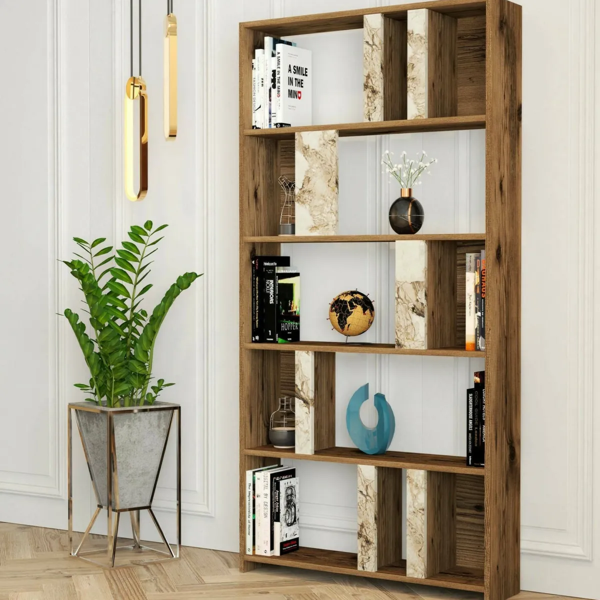 Librerie|Ufficio > Dmora Libreria verticale noce e bianca marmo 90x180h cm - Scapolita Bianco Marmo, Marrone Noce