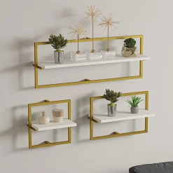 Mensola Bianco oro 3 Ripiani set da 3 80x20x30h cm, Colore Struttura oro - Gerano