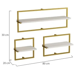 Mensola Bianco oro 3 Ripiani set da 3 80x20x30h cm, Colore Struttura oro - Gerano