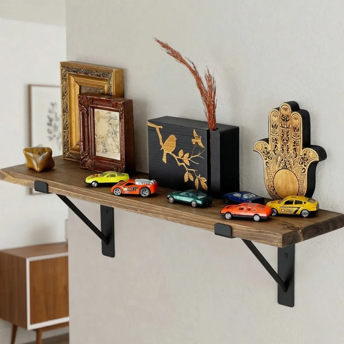 Mensola Marrone Naturale Nero un Ripiano in Legno di Abete, Fatto a Mano 60x14x16h cm, Colore Struttura Nero - Favara