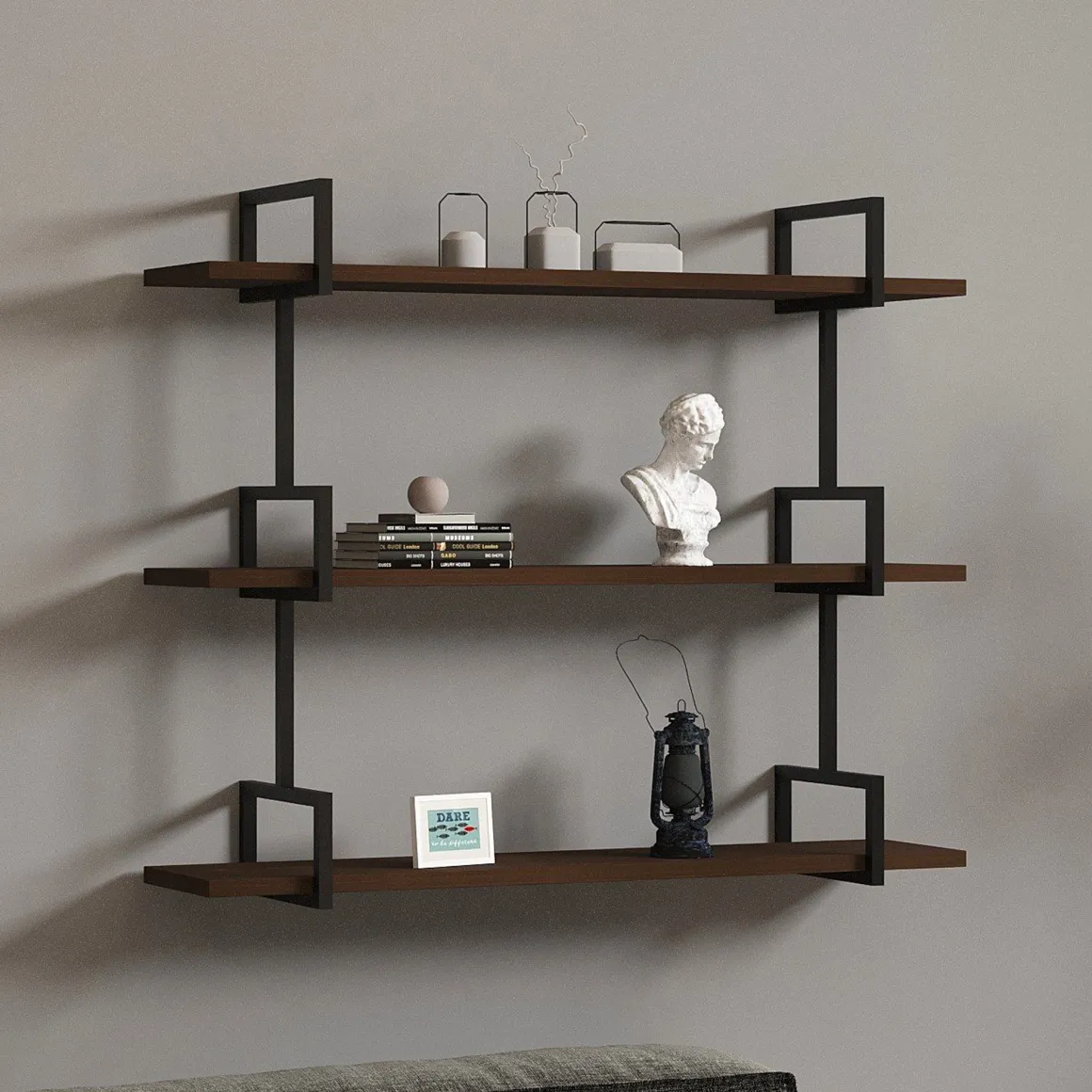 Mensole > Dmora Mensola Marrone Noce Nero 3 Ripiani in Legno di Abete 45x13x34h cm, Colore Struttura Nero - Caccuri Nero, Marrone Noce