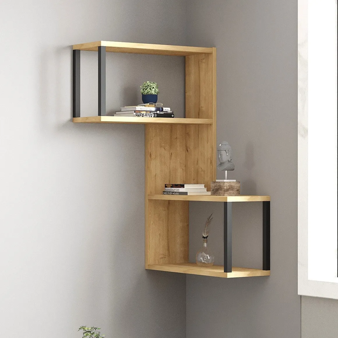 Mensola Marrone Rovere Nero 4 Ripiani Colore Struttura Nero 84x20x52h cm, Sfumatura Colore Struttura Rovere - Ovada