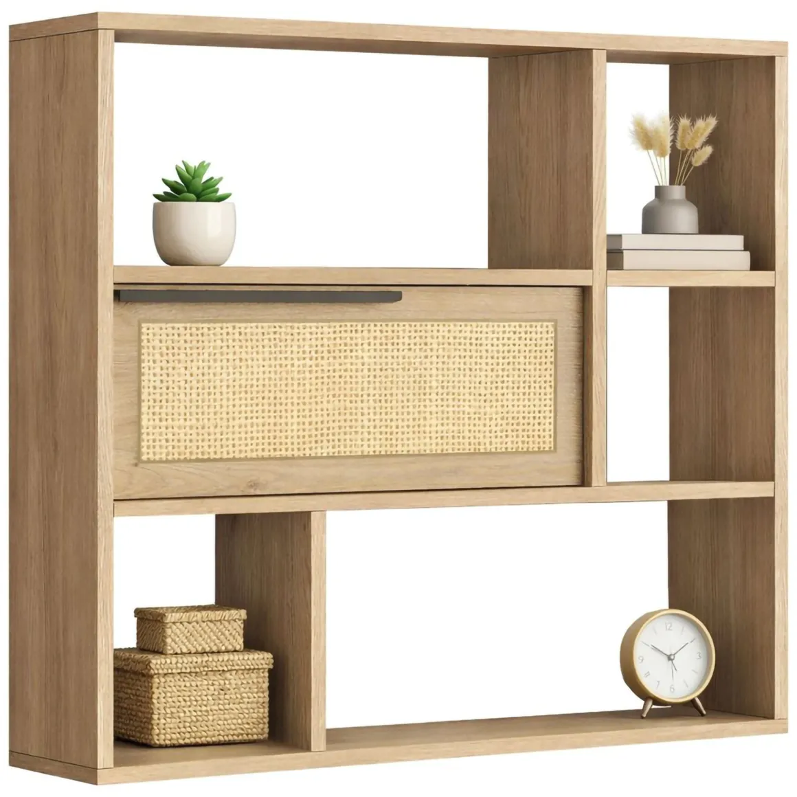 Mensola Marrone Rovere 5 Ripiani Anta Effetto Paglia di Vienna 90x22x81h cm, Sfumatura Colore Struttura Rovere - Coeli