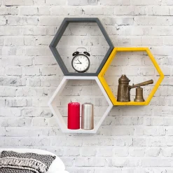 Mensola Nero Antracite Giallo 3 Ripiani Effetto Geometrico 58x9x38h cm, Colore Struttura Giallo - Bulciago