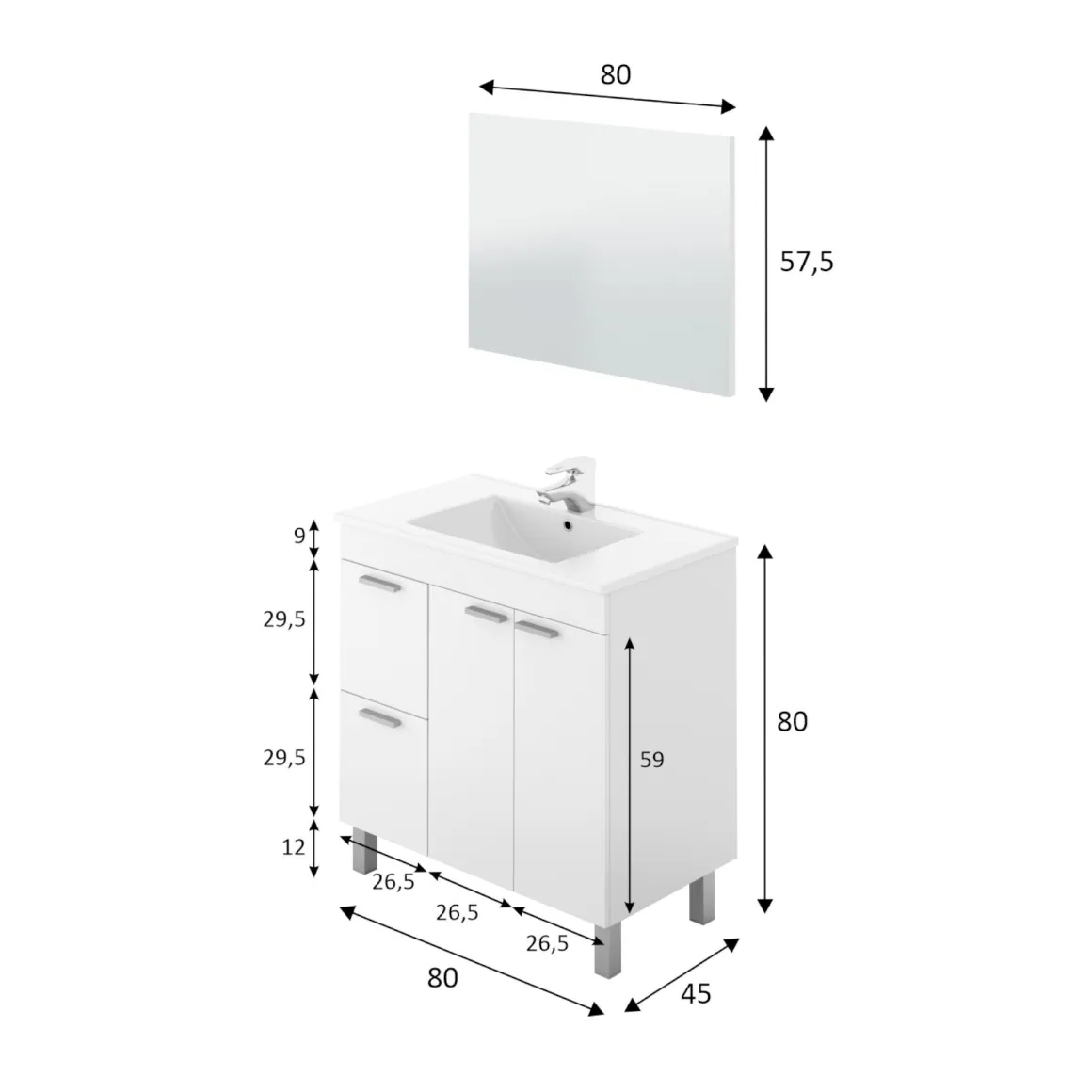 Mobile bagno 2 cassetti 80x80x45h cm bianco lucido - Aracth