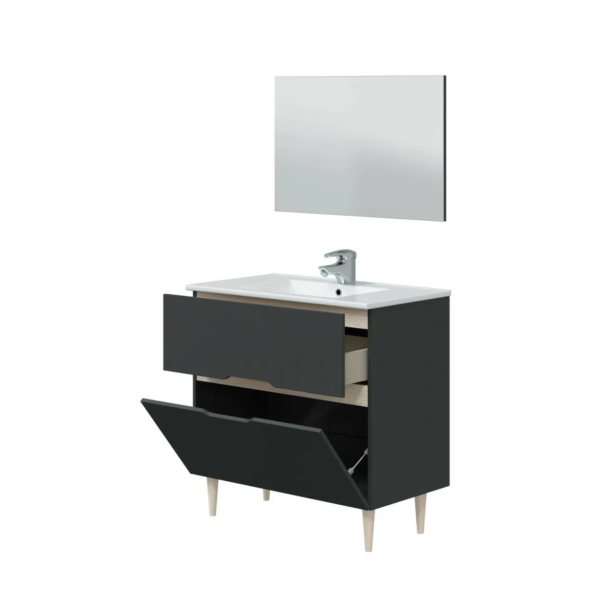 Bagno|Mobili Sottolavabo > Dmora Mobile bagno con specchio 80x45x80h cm antracite e rovere - Avona Marrone Rovere, Nero Antracite