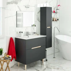 Bagno|Mobili Sottolavabo > Dmora Mobile bagno con specchio 80x45x80h cm antracite e rovere - Avona Marrone Rovere, Nero Antracite