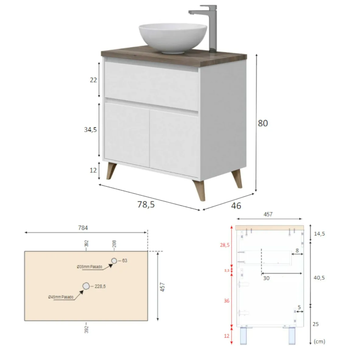 Bagno|Mobili Sottolavabo > Dmora Mobile bagno moderno 3 cassetti 80x86x45h cm - Elleboro Bianco Lucido