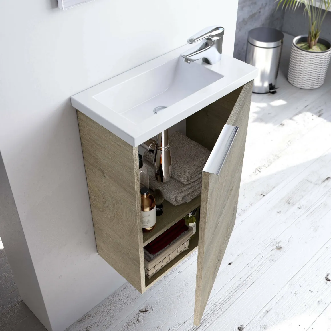 Bagno|Mobili Sottolavabo > Dmora Mobile bagno sospeso con specchio 60x57x45h cm rovere - Affa Marrone Rovere