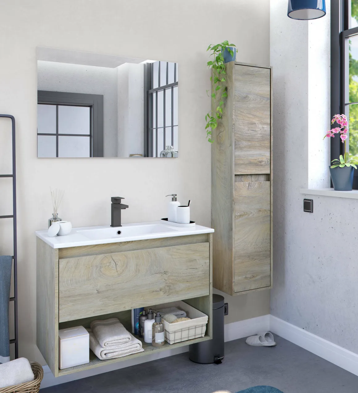 Bagno|Mobili Sottolavabo > Dmora Mobile bagno sospeso con specchio 80x57x45h cm - Albino Bianco Lucido