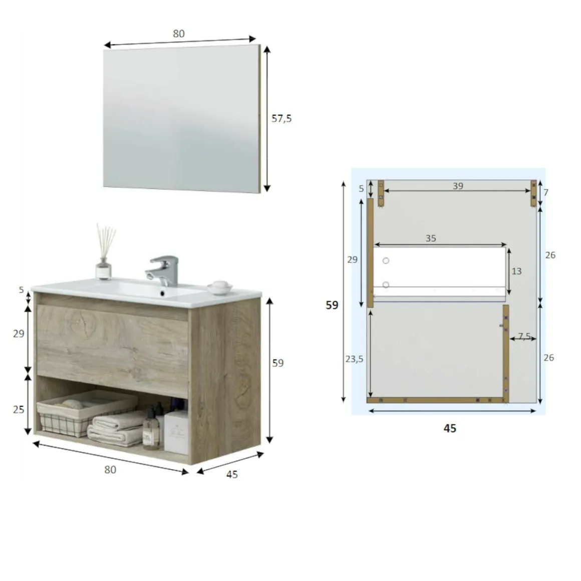 Bagno|Mobili Sottolavabo > Dmora Mobile bagno sospeso con specchio 80x57x45h cm - Albino Bianco Lucido