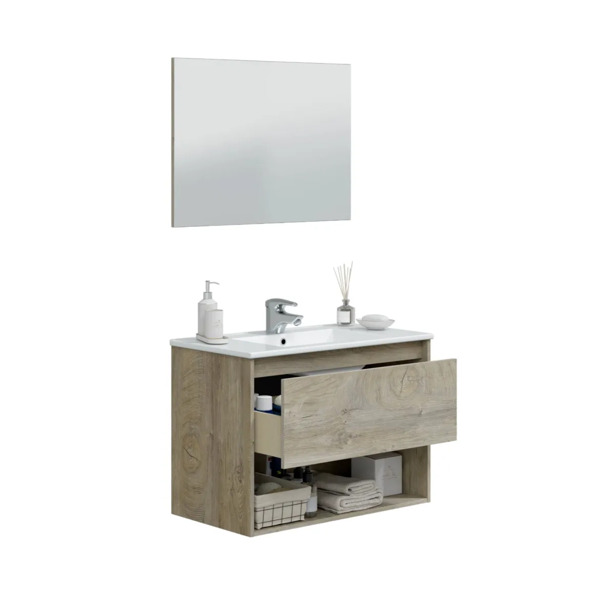 Bagno|Mobili Sottolavabo > Dmora Mobile bagno sospeso con specchio 80x57x45h cm - Albino Bianco Lucido