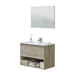Bagno|Mobili Sottolavabo > Dmora Mobile bagno sospeso con specchio 80x57x45h cm - Albino Bianco Lucido