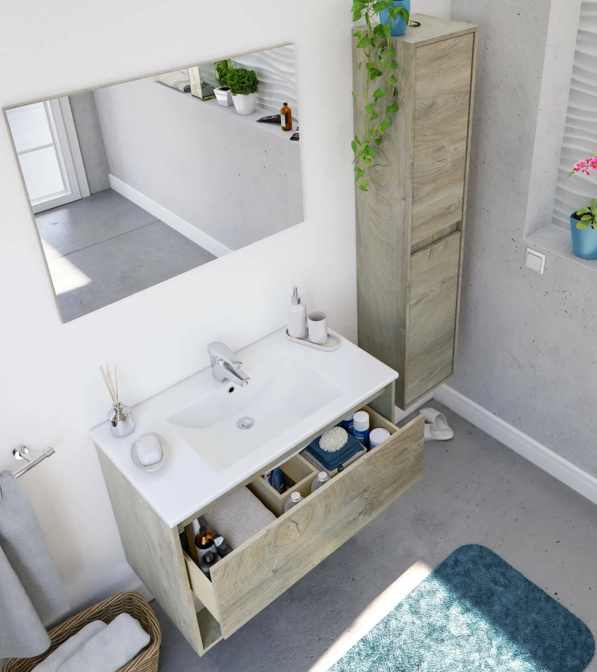 Bagno|Mobili Sottolavabo > Dmora Mobile bagno sospeso con specchio 80x57x45h cm - Albino Bianco Lucido
