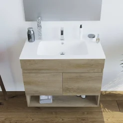 Bagno|Mobili Sottolavabo > Dmora Mobile bagno sospeso con specchio 80x64x45h cm quercia - Enio Marrone Quercia