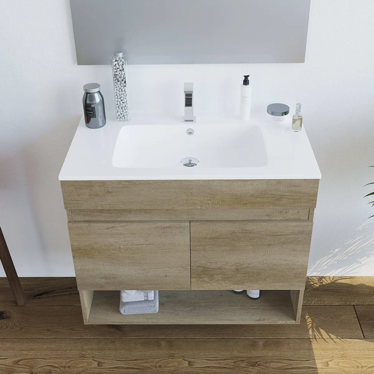Bagno|Mobili Sottolavabo > Dmora Mobile bagno sospeso con specchio 80x64x45h cm quercia - Enio Marrone Quercia
