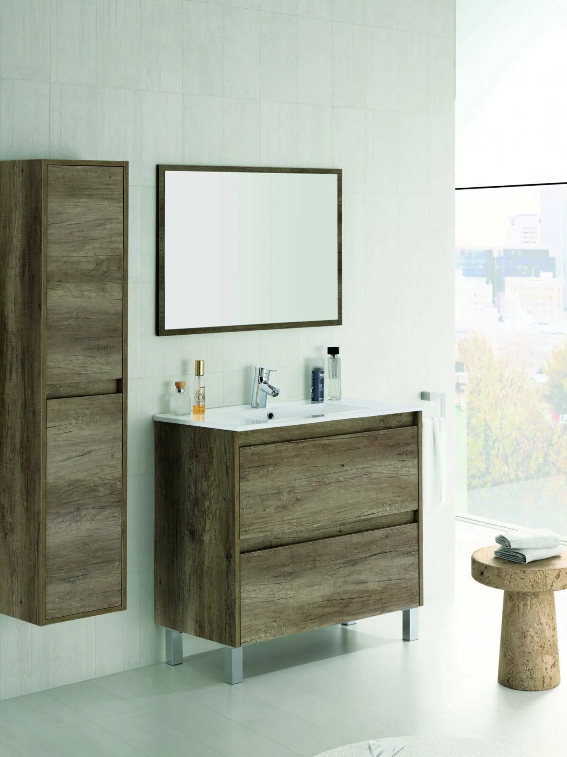Bagno|Mobili Sottolavabo > Dmora Mobile bagno sospeso con specchio 80x80x45h cm rovere - Abissalino Marrone Rovere