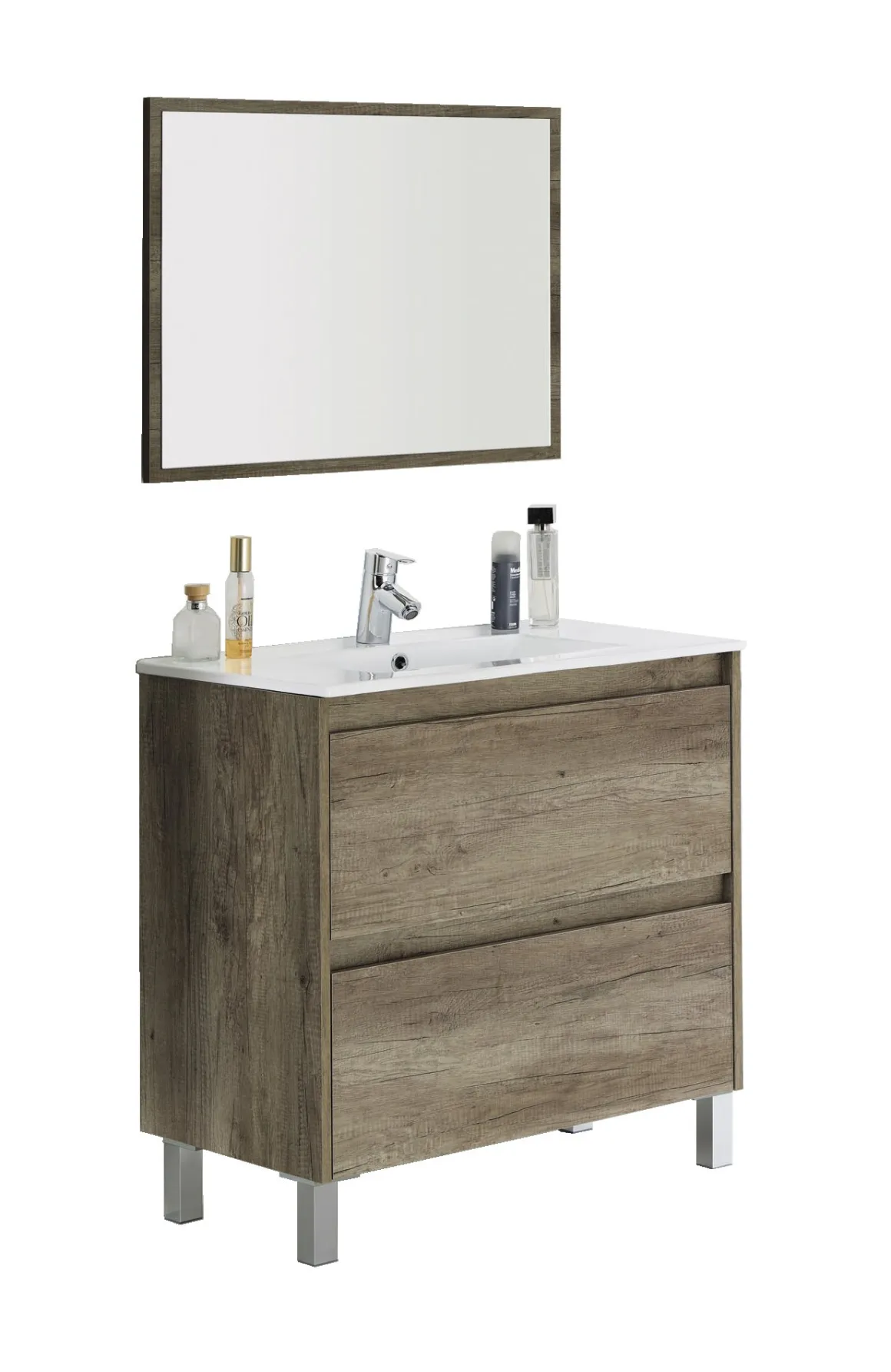 Bagno|Mobili Sottolavabo > Dmora Mobile bagno sospeso con specchio 80x80x45h cm rovere - Abissalino Marrone Rovere