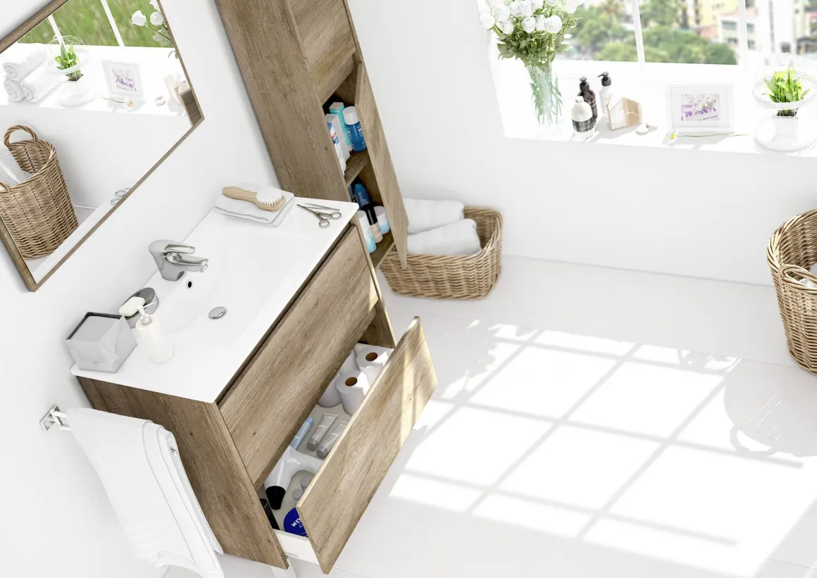 Bagno|Mobili Sottolavabo > Dmora Mobile bagno sospeso con specchio 80x80x45h cm rovere - Abissalino Marrone Rovere