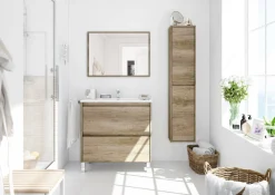 Bagno|Mobili Sottolavabo > Dmora Mobile bagno sospeso con specchio 80x80x45h cm rovere - Abissalino Marrone Rovere