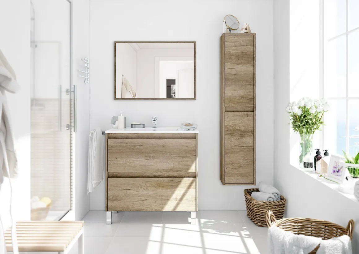 Bagno|Mobili Sottolavabo > Dmora Mobile bagno sospeso con specchio 80x80x45h cm rovere - Abissalino Marrone Rovere