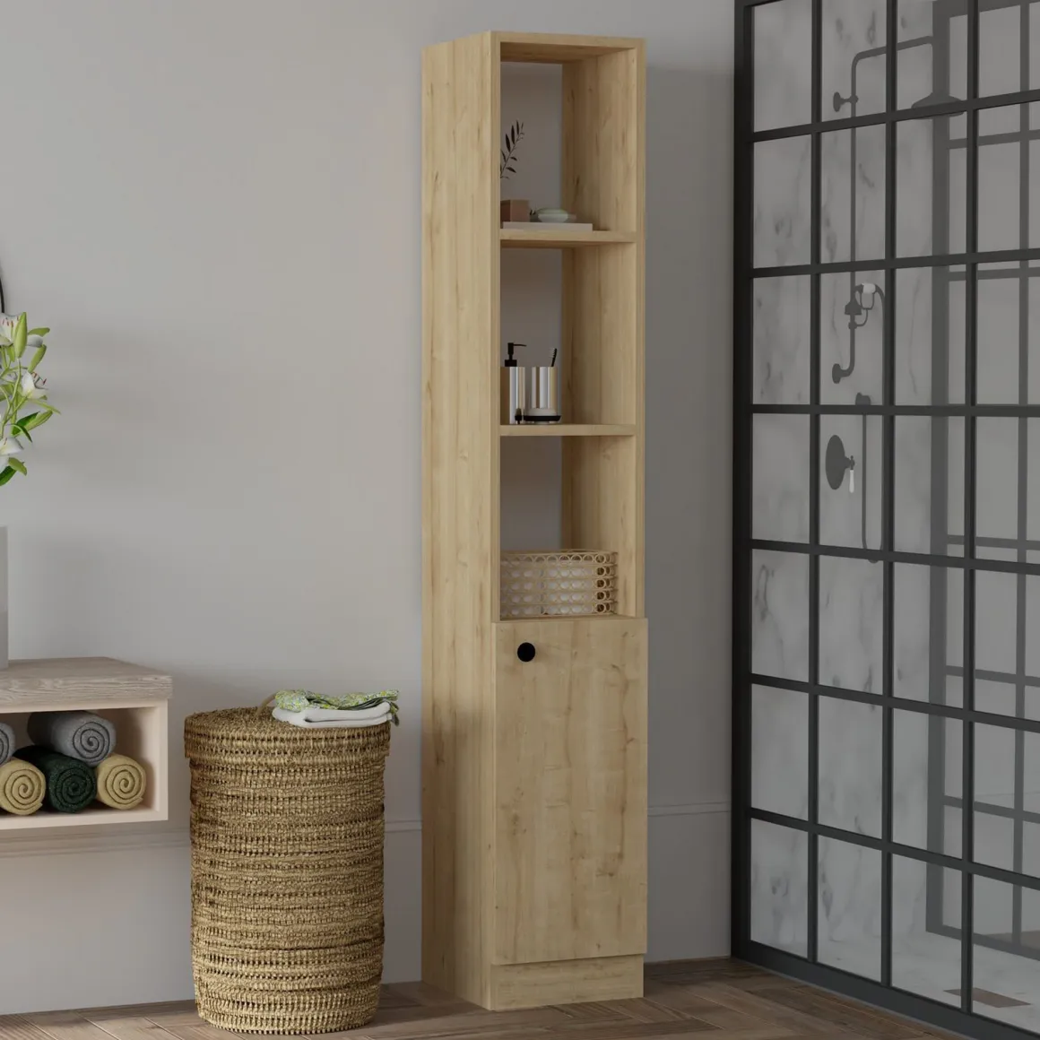 Mobile Colonna Marrone Rovere 3 Ripiani Un'anta 30x30x170h cm, 5 Vani - Leuca