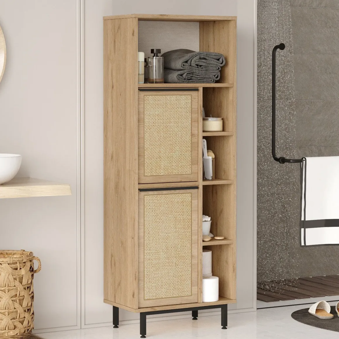 Mobile Colonna Marrone Rovere 7 Ripiani 2 Ante 60x36x162h cm, Ante Effetto Paglia di Vienna - Civate
