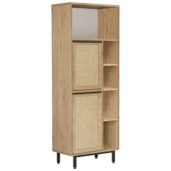 Mobile Colonna Marrone Rovere 7 Ripiani 2 Ante 60x36x162h cm, Ante Effetto Paglia di Vienna - Civate