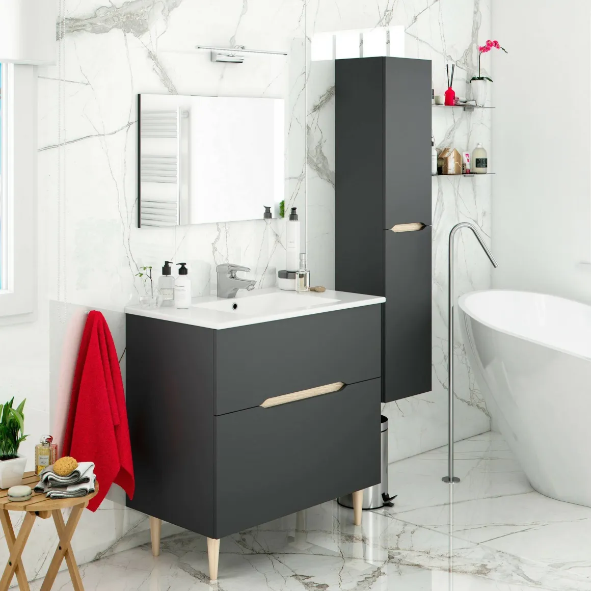Mobile Colonna Nero Antracite Marrone Rovere Modulabile Cassetti 31x26x135h cm, 2 Ripiani - Arissa