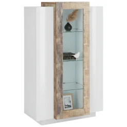 Vetrine|Cucina > Dmora Mobile con vetrina 3 ante salotto 80x38x121h cm bianco lucido e acero - Ablaze Marrone Acero, Bianco Lucido