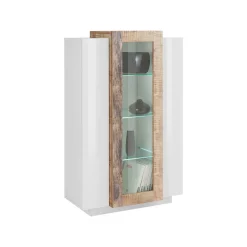 Vetrine|Cucina > Dmora Mobile con vetrina 3 ante salotto 80x38x121h cm bianco lucido e acero - Ablaze Marrone Acero, Bianco Lucido