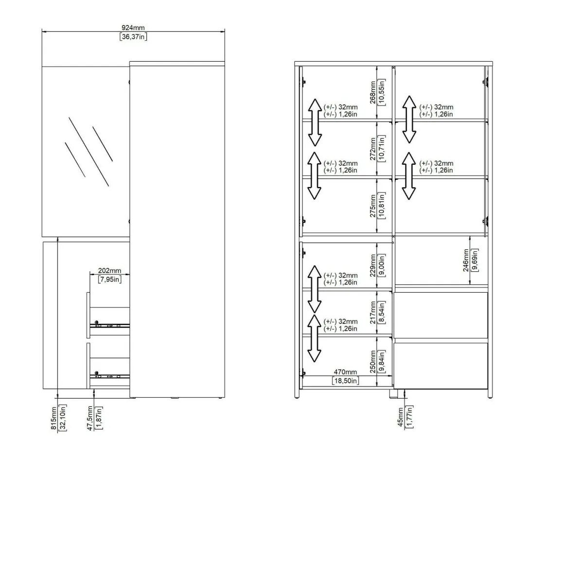 Mobile con vetrina 3 ante 100x48x170h cm rovere e bianco lucido - Reykjavik