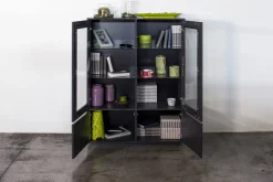 Cucina|Salotto > Dmora Mobile con vetrina 4 ante 100x41x146h cm bianco lucido e noce - Agostino Marrone Noce, Bianco Lucido