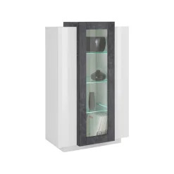 Vetrine|Cucina > Dmora Mobile con vetrina da soggiorno 3 ante 80x38x121h cm bianco lucido e ardesia - Ablaze Grigio Ardesia, Bianco Lucido
