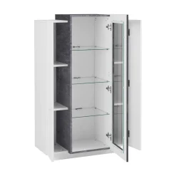 Vetrine|Cucina > Dmora Mobile con vetrina da soggiorno 3 ante 80x38x121h cm bianco lucido e ardesia - Ablaze Grigio Ardesia, Bianco Lucido