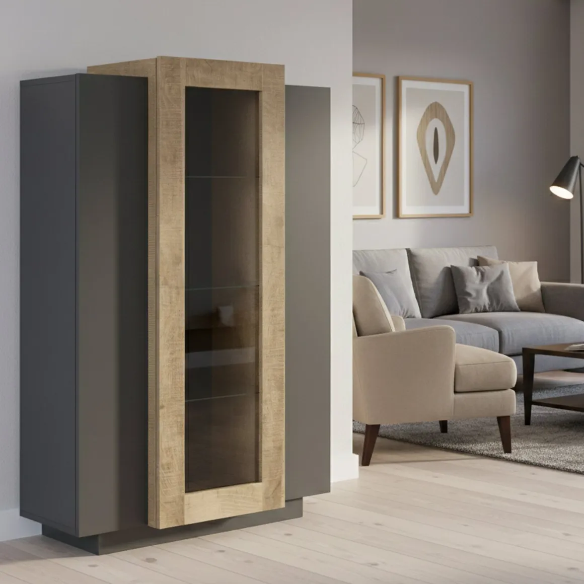 Mobile con vetrina design 3 ante 80x38x121h cm antracite e acero - Ablaze