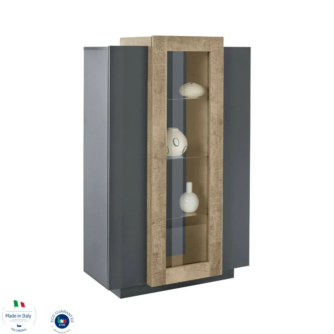 Mobile con vetrina design 3 ante 80x38x121h cm antracite e acero - Ablaze