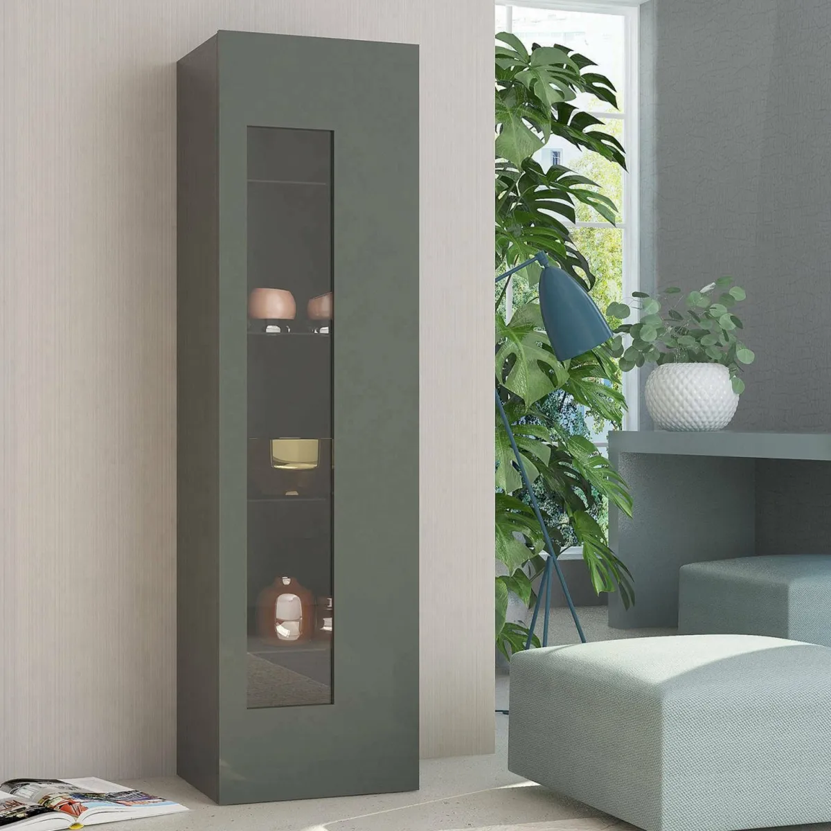 Vetrine|Cucina > Dmora Mobile con vetrina elegante 45x34x162h cm antracite lucido - Adatka Nero Antracite lucido