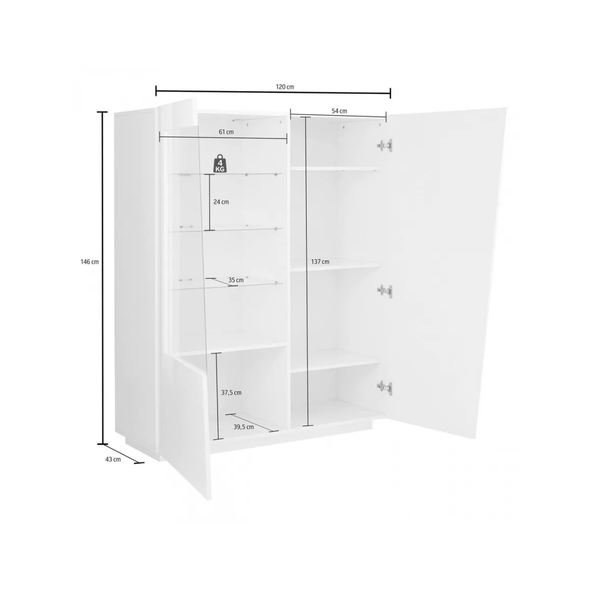 Mobile con vetrina grande 2 ante 120x43x146h cm bianco lucido - Ask