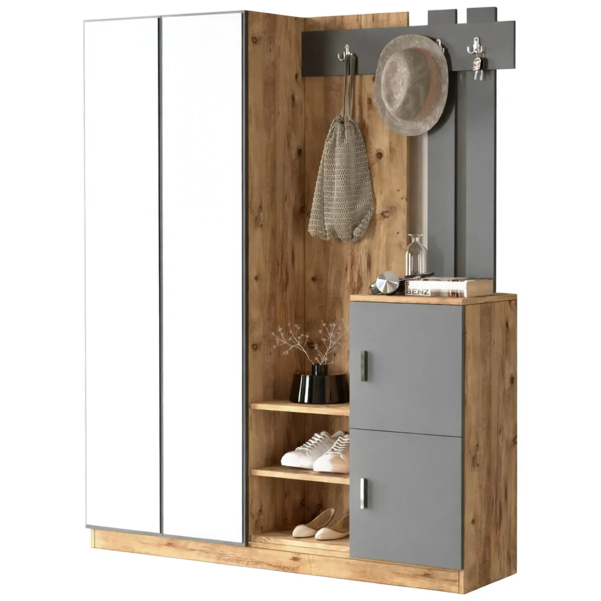 Mobili Da Ingresso|Ingresso > Dmora Mobile da ingresso 3 ante con specchio quercia e antracite 147x179h cm - Arcibaldo Nero Antracite, Marrone Quercia