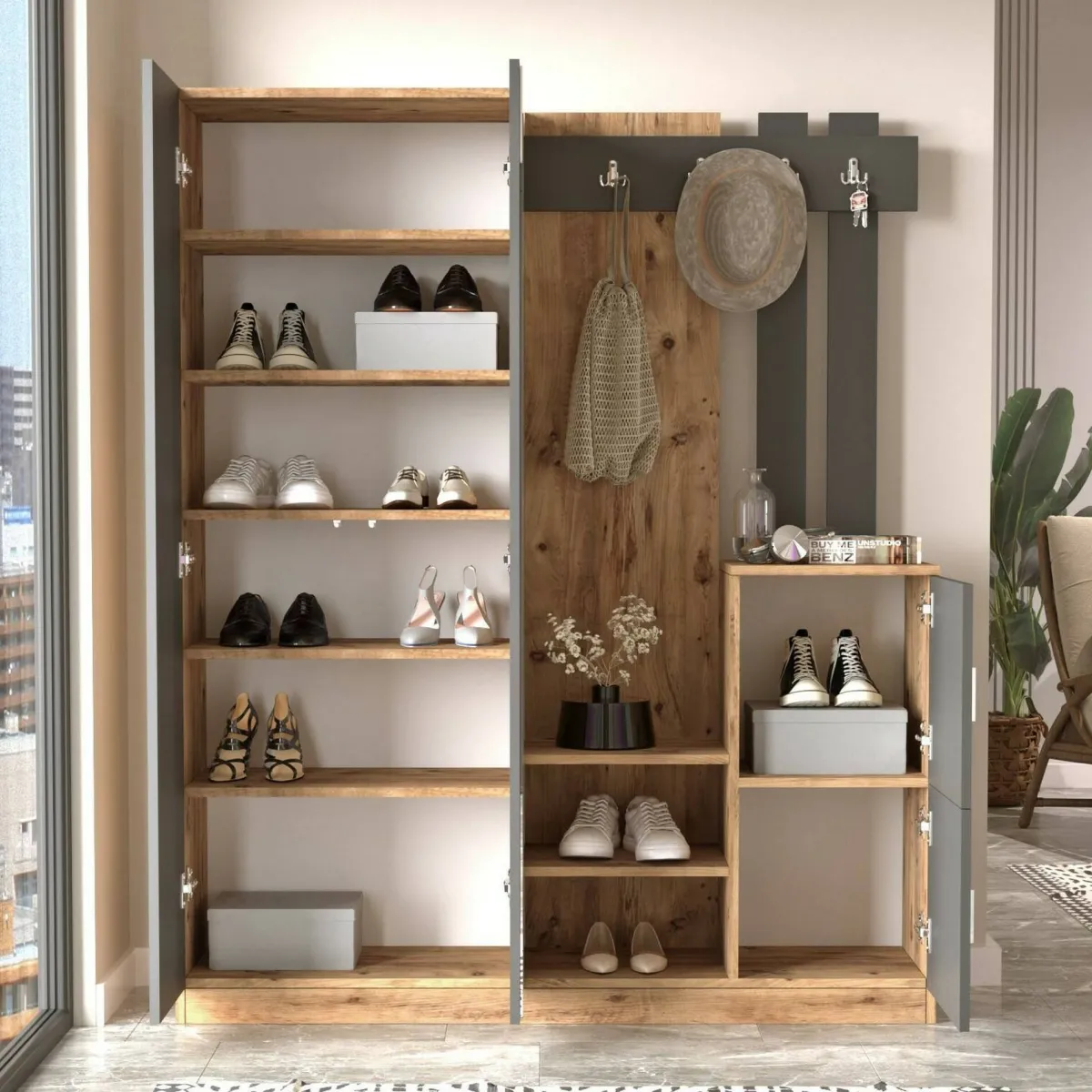Mobili Da Ingresso|Ingresso > Dmora Mobile da ingresso 3 ante con specchio quercia e antracite 147x179h cm - Arcibaldo Nero Antracite, Marrone Quercia