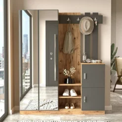 Mobili Da Ingresso|Ingresso > Dmora Mobile da ingresso 3 ante con specchio quercia e antracite 147x179h cm - Arcibaldo Nero Antracite, Marrone Quercia