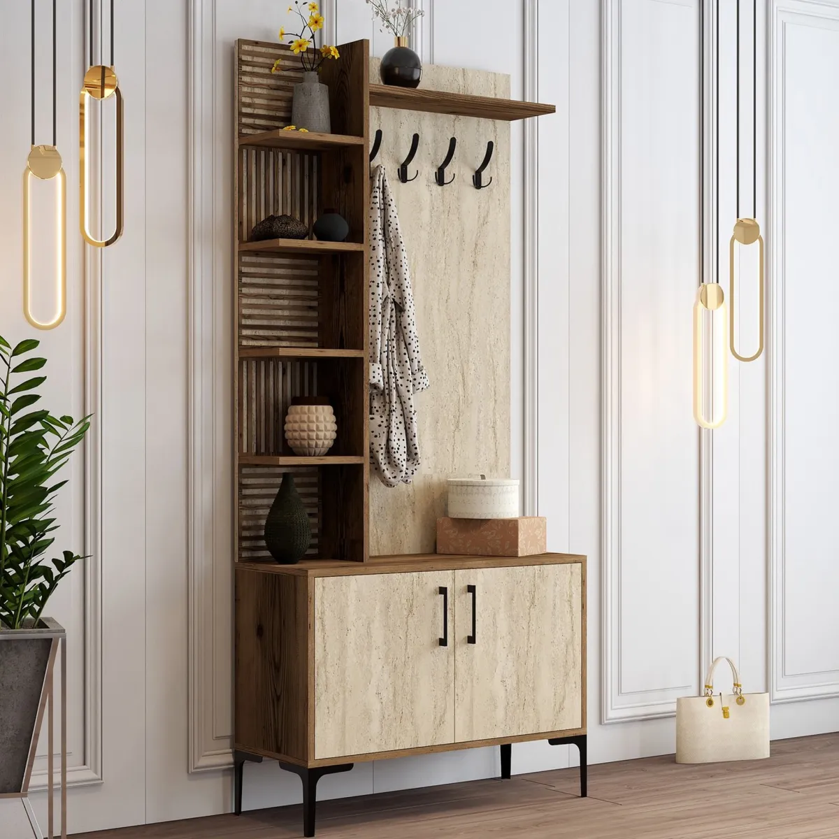 Mobili Da Ingresso > Dmora Mobile da Ingresso Beige Marmo Marrone Noce Appendiabiti 7 Ripiani 90x35x200h cm, Apertura Battente - Loceri Marrone Noce, Beige Marmo
